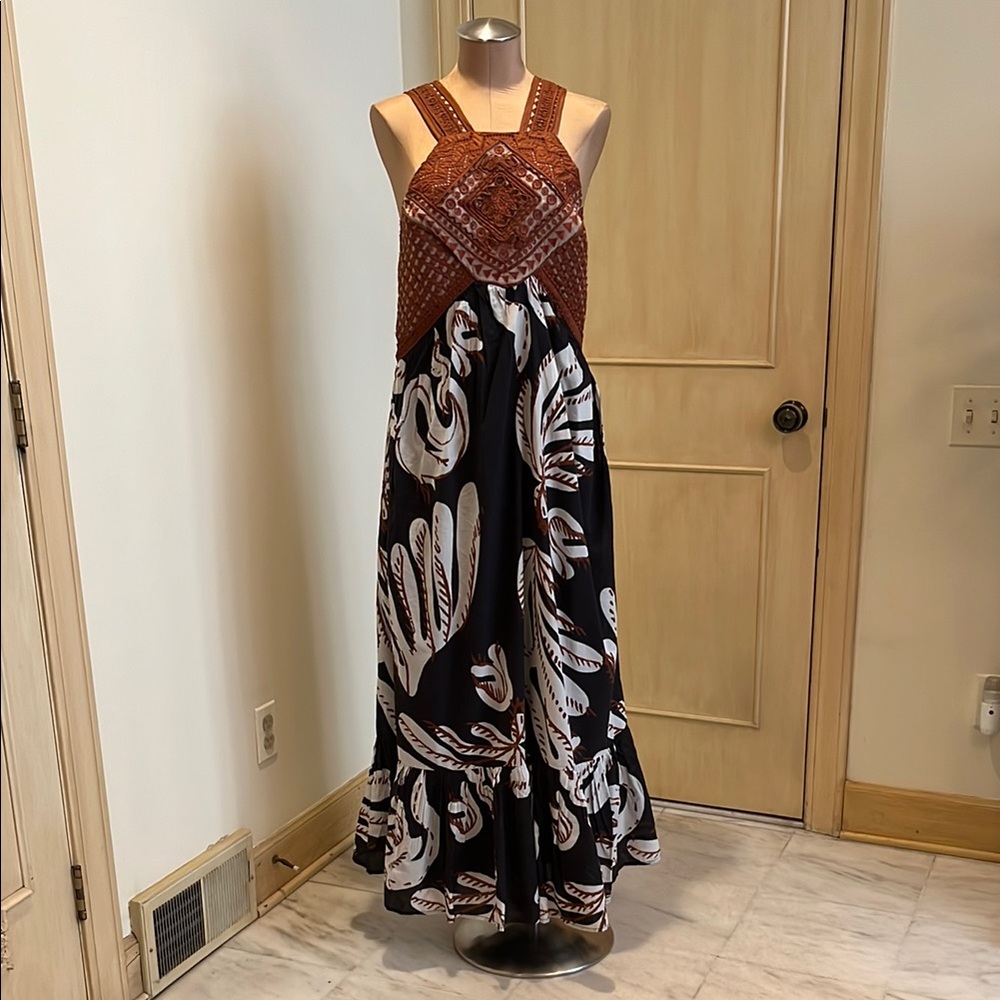 ANTHROPOLOGIE Boho Granola Party Deco Print Halter Floral Cotton BRN/BLK Maxi 12 - Picture 4 of 16
